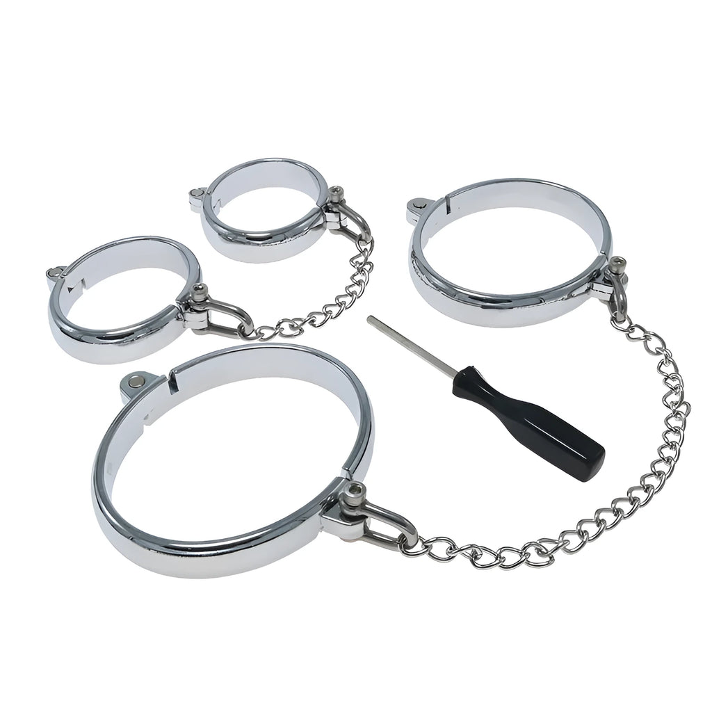 Silver zinc alloy handcuff and footcuff set with stainless steel watch bracelet fastening