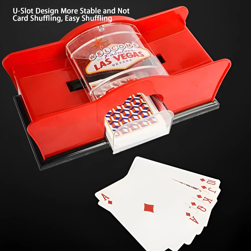 Manual card shuffler with hand crank mechanism on table with playing cards