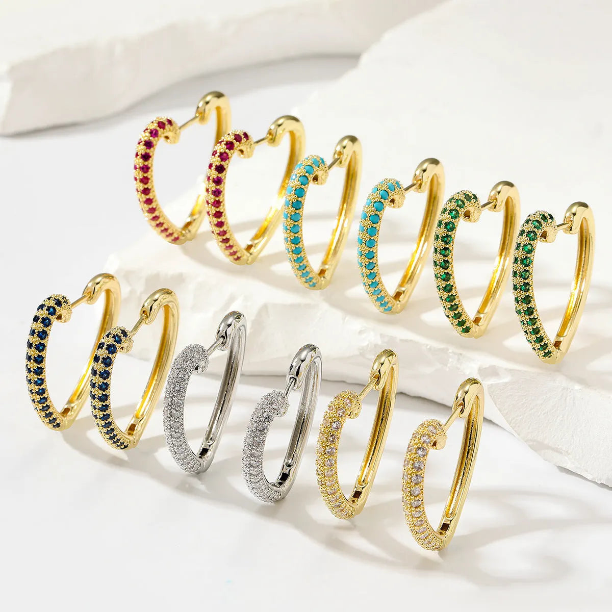 Fashion retro gold love multi-colour zircon stud earrings geometric heart shape copper women