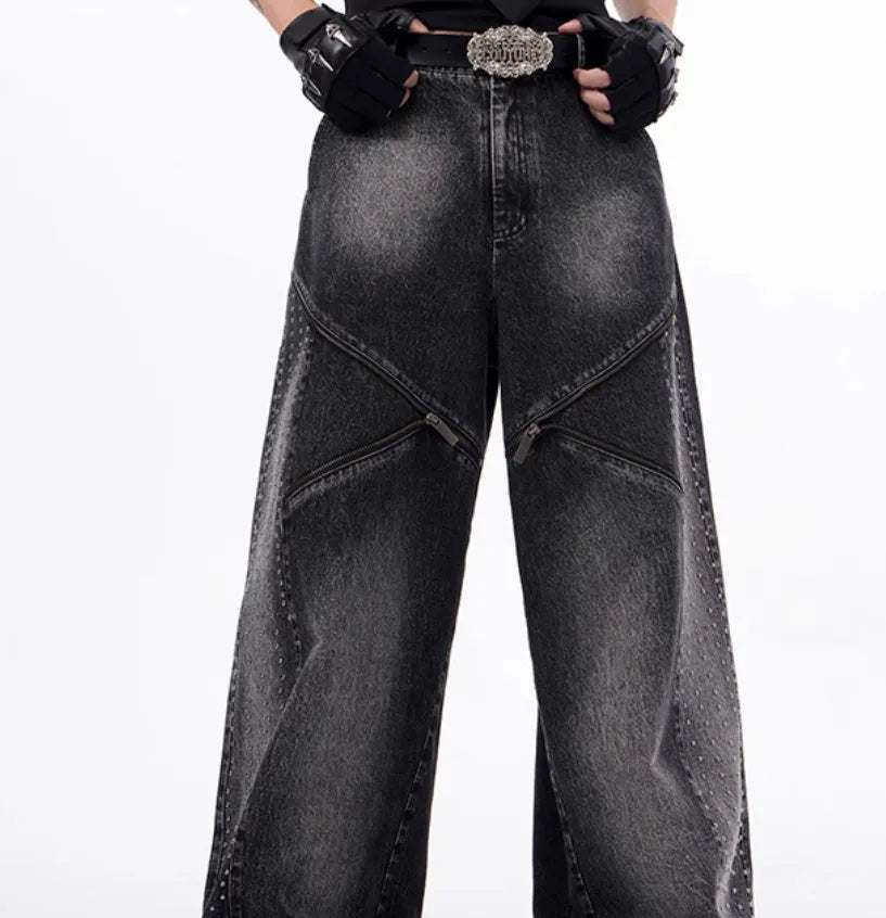 Black and grey Korean-style wide leg denim trousers with matching vest top laid flat.