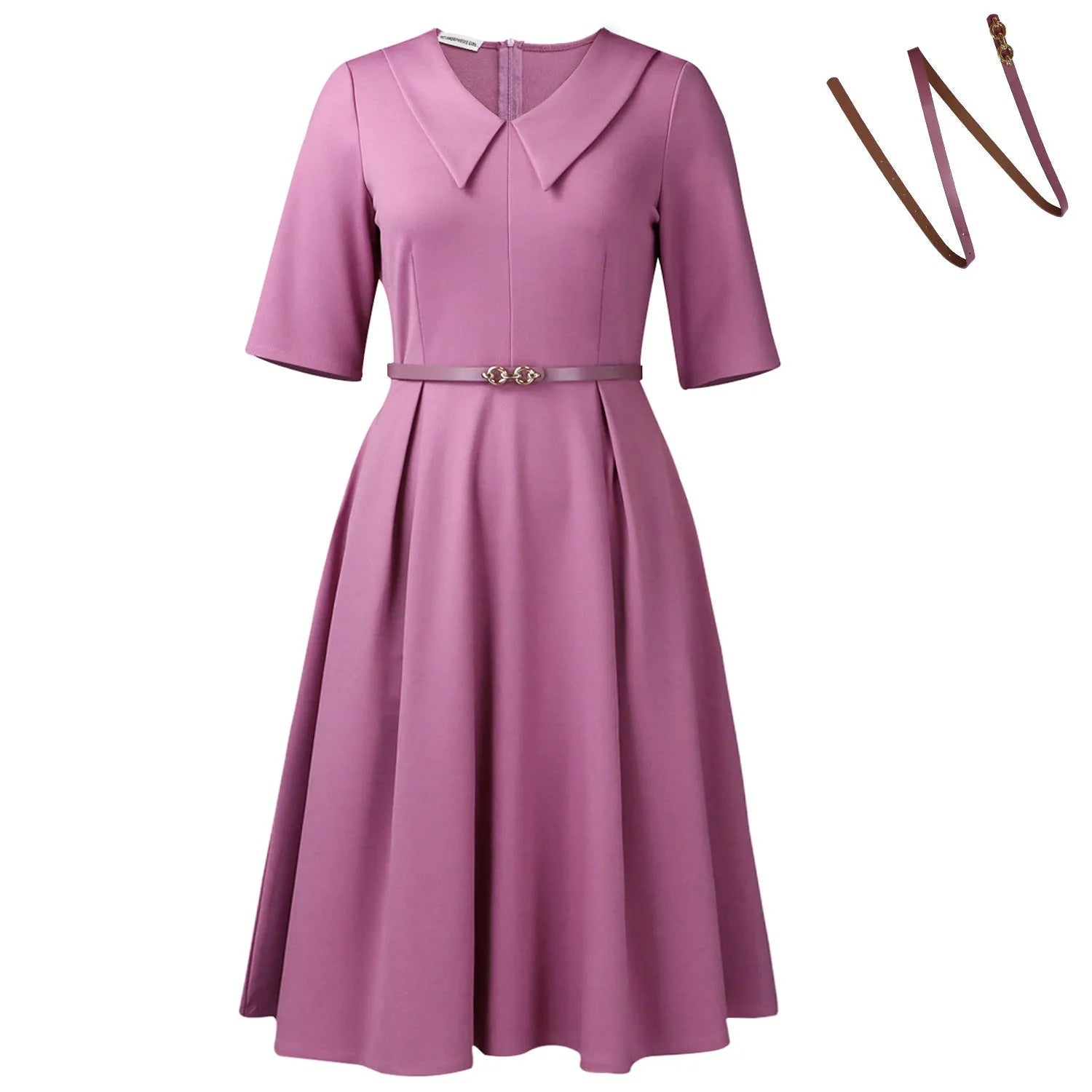 Solid colour African dress with half sleeves and high waist, shown with a matching belt.