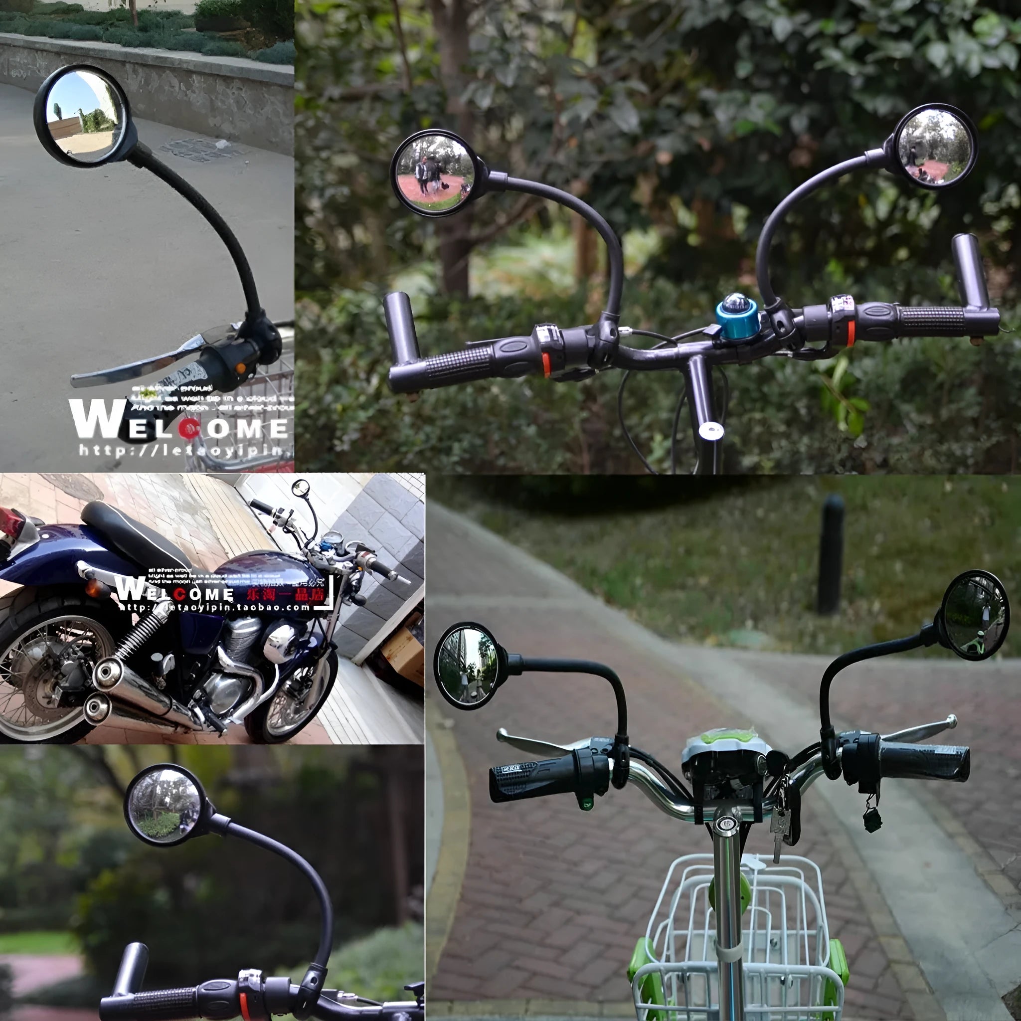 Black metal bicycle rearview mirror with hose adjustment mechanism and reflector