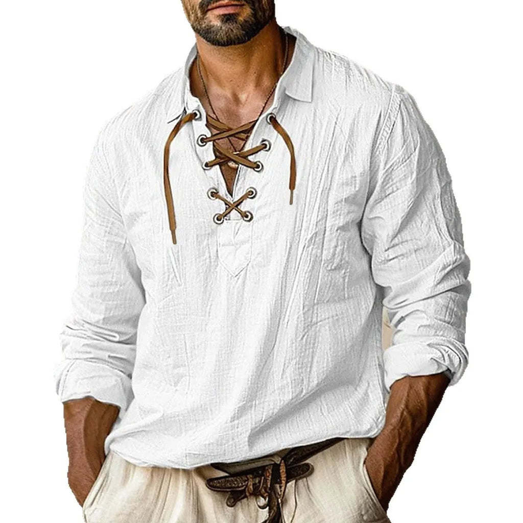 Men's plus size loose fit linen shirt with lace lapels in blue, green, orange or white