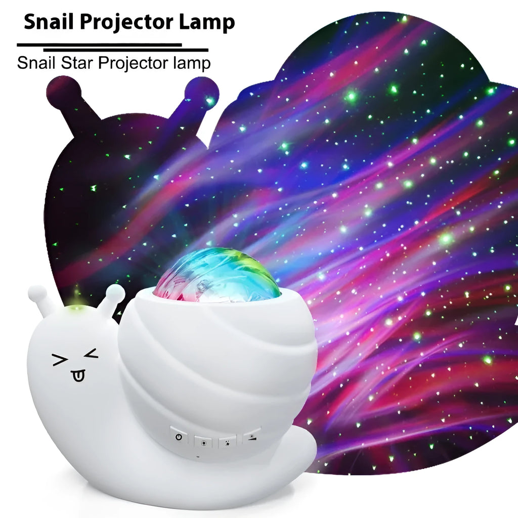 Snail-shaped starry sky projection lamp in blue with USB cable and remote control on a table.