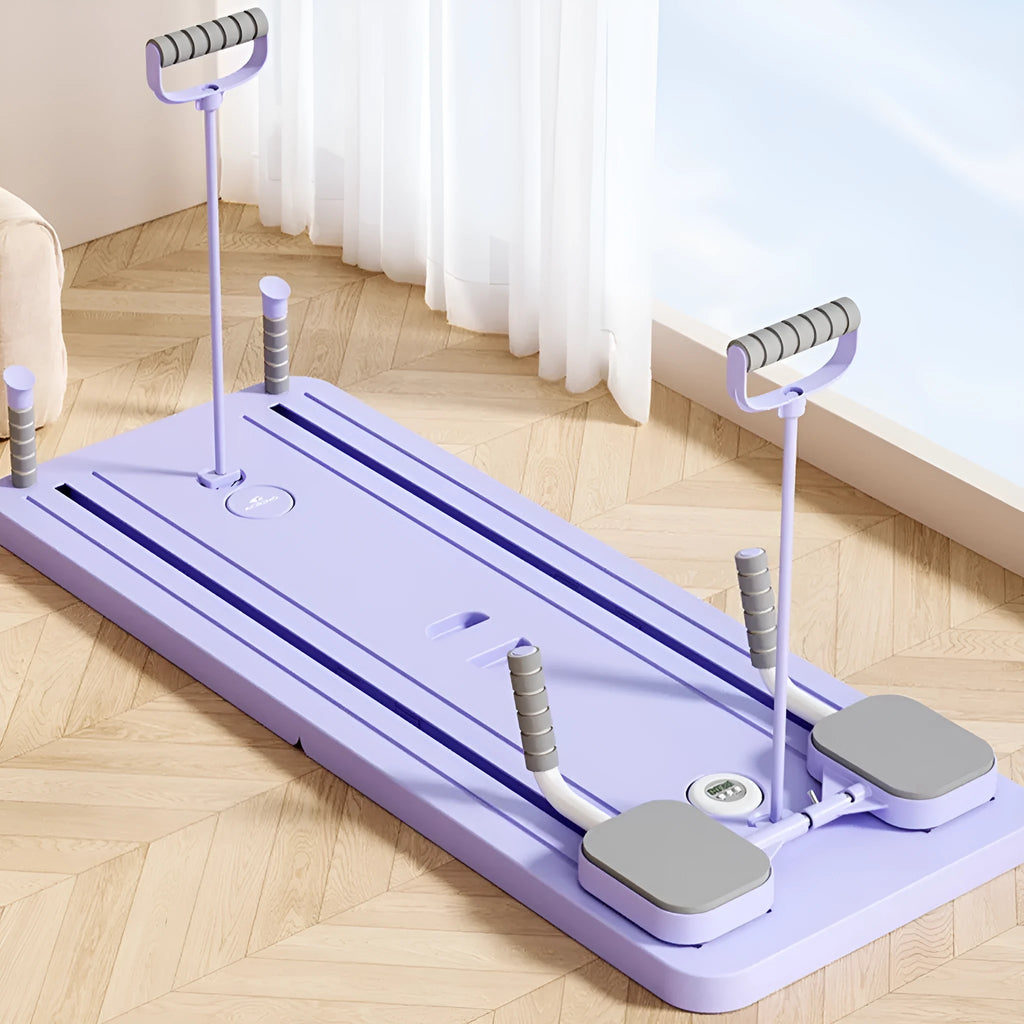 Purple multi-functional fitness board with automatic rebound abdominal wheel for home exercise.
