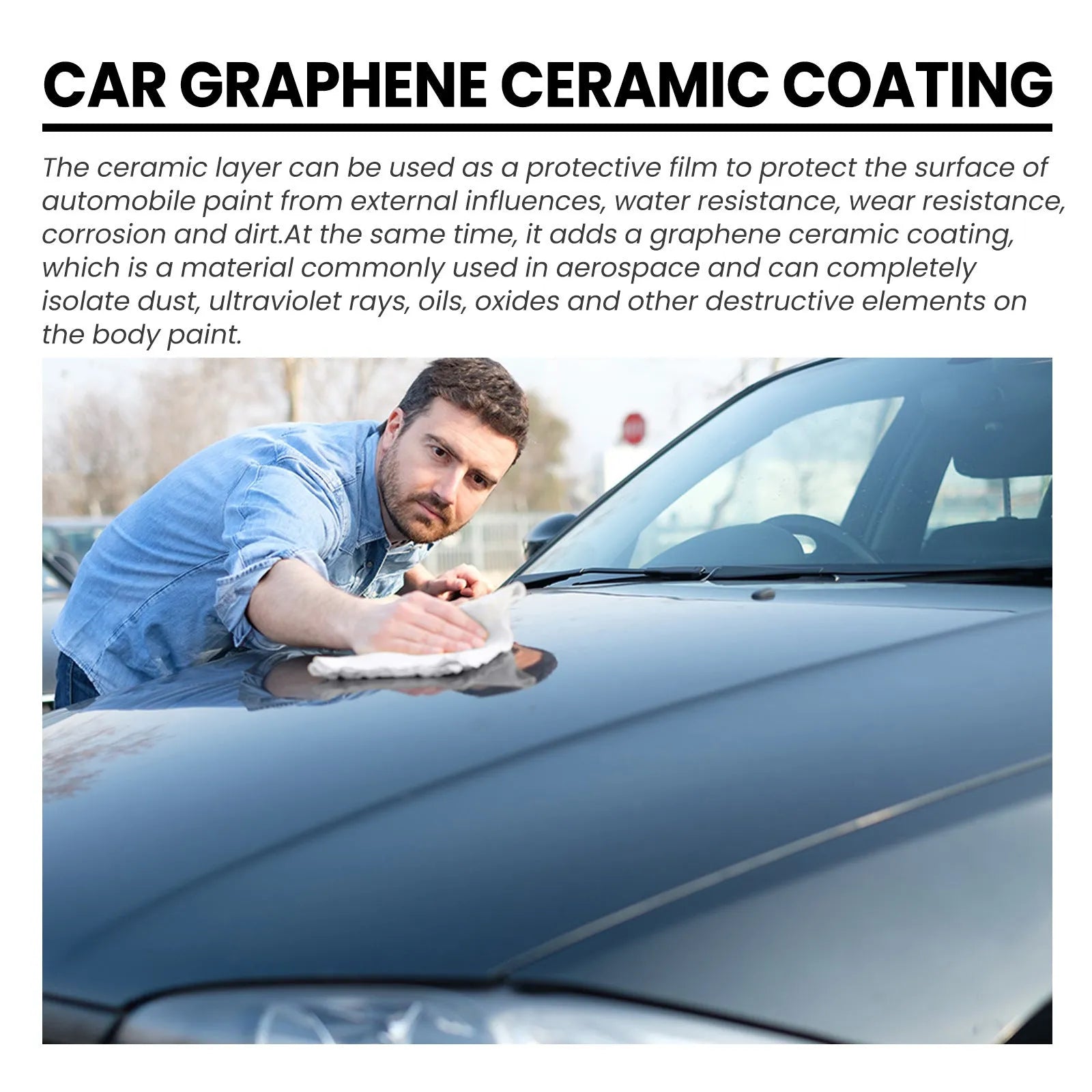 70ml bottle of graphene ceramic coating liquid with sponge, towel, gloves, and cloths for car paint protection.
