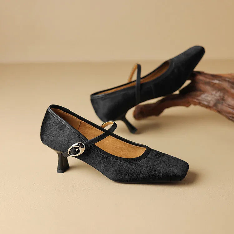 Women's black square toe stiletto heel ankle-strap shoes with horse hair upper