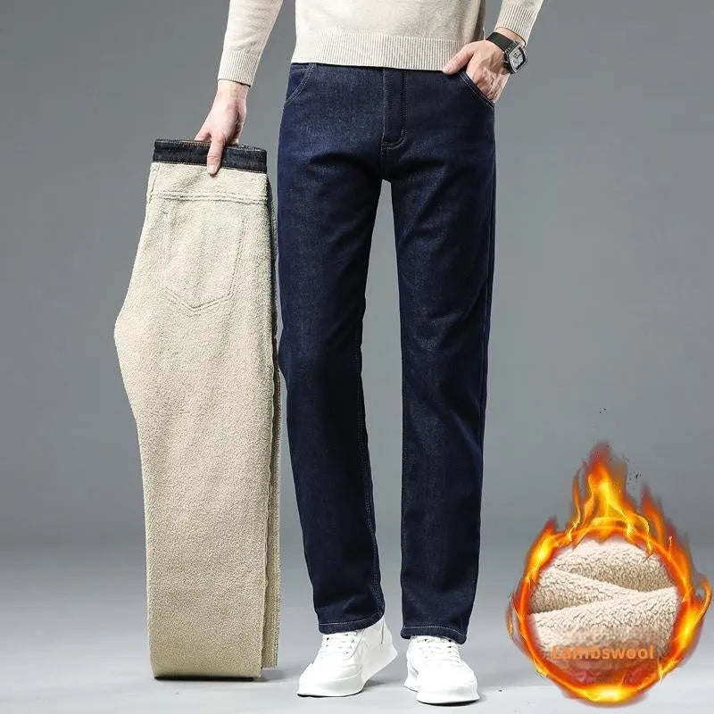 Men's fleece-lined cotton straight-leg jeans in black with velvet lining, mid waist, drawstring closure