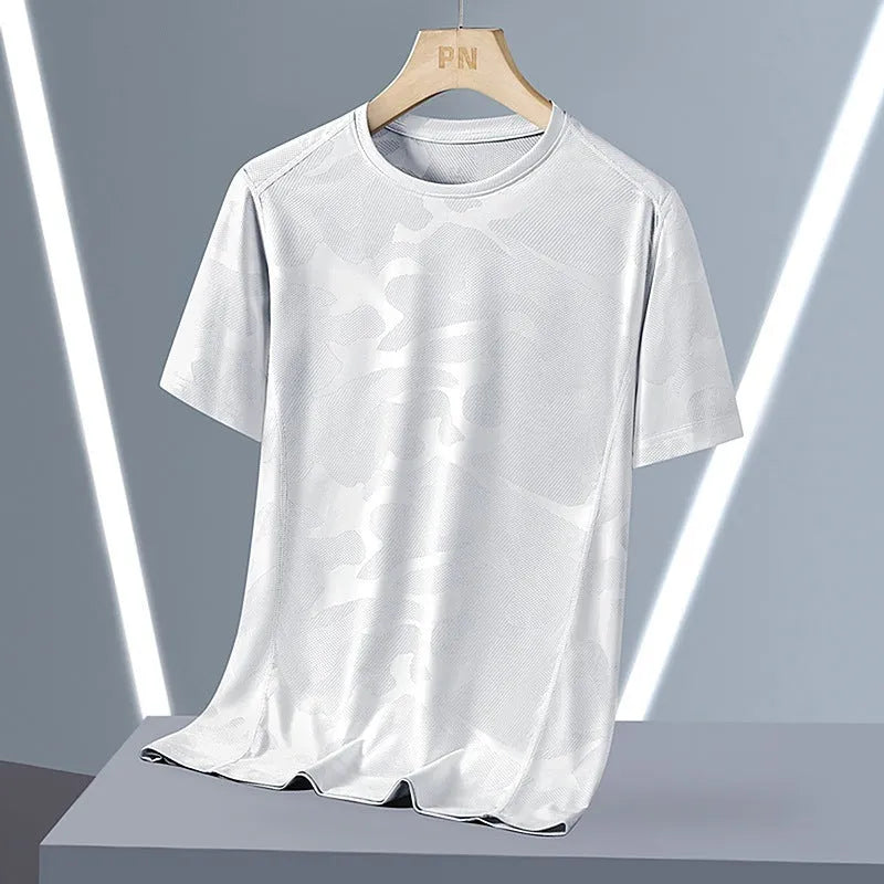 Men's plus size camouflage pattern nylon summer t-shirt with short sleeves and round neck