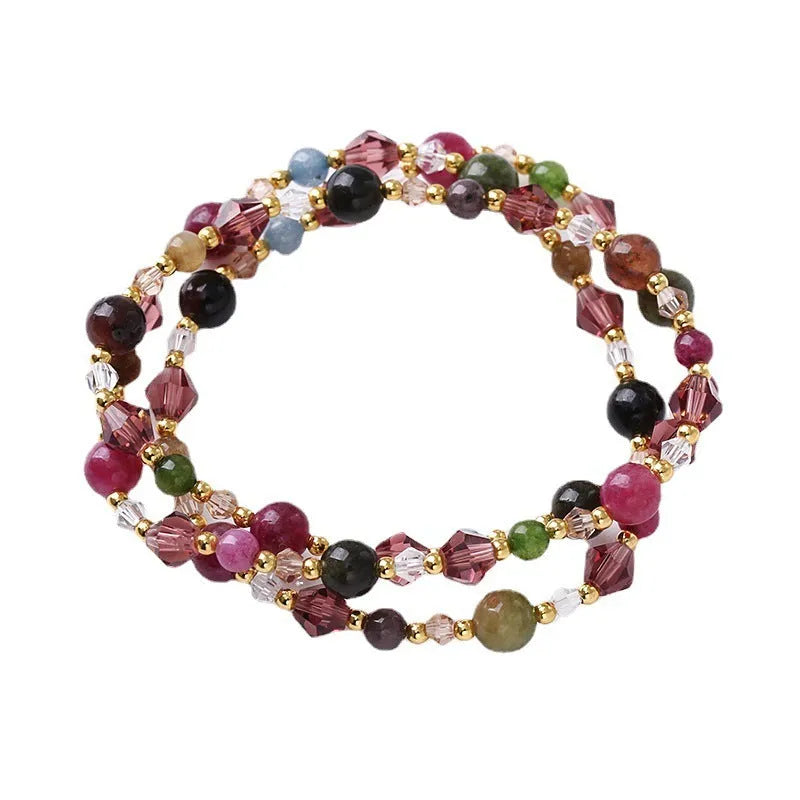 Women's three-ring crystal bracelet with colourful stones and adjustable rope closure