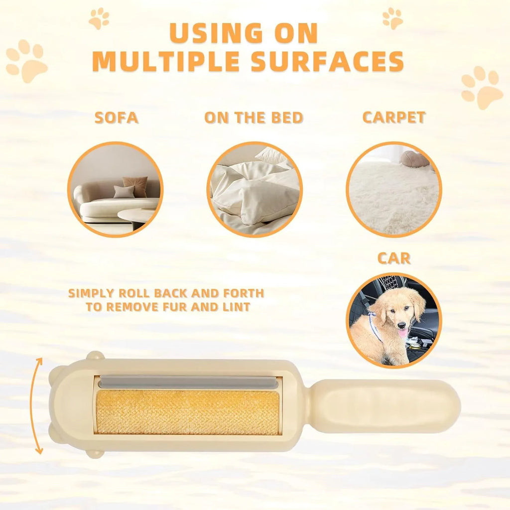 Blue reusable pet hair remover tool with a self-cleaning base for furniture and car seats.