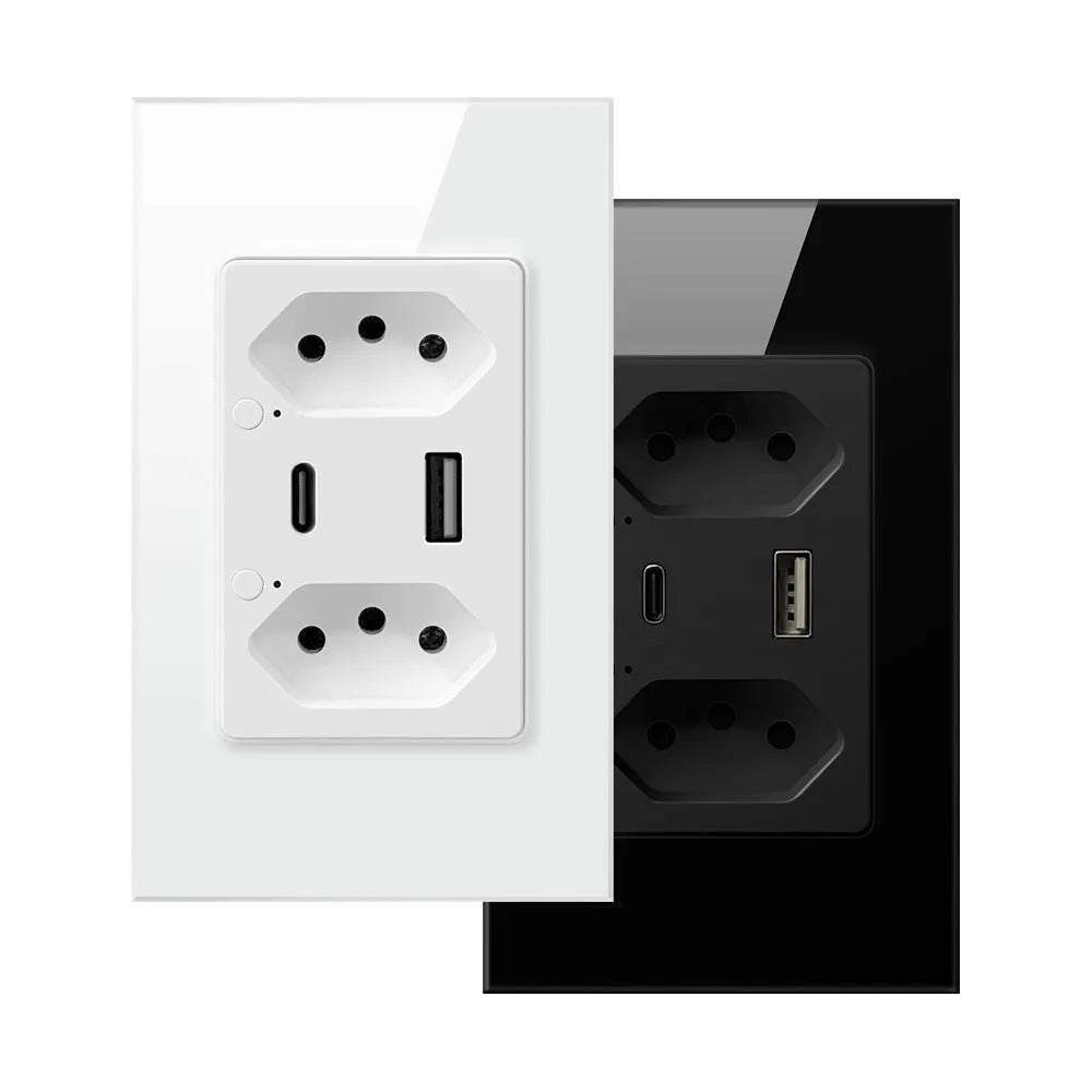Brazil wall socket with six holes, two USB ports, in black finish showing outlet layout