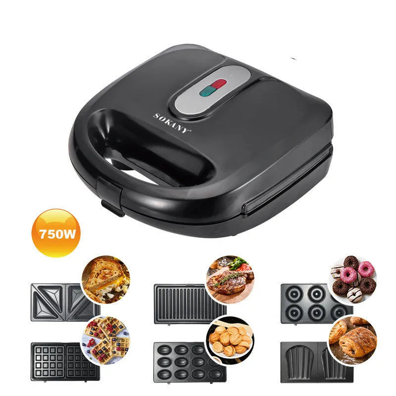 Black electric sandwich pan with brushed stainless steel top cover showing non-stick cooking surface