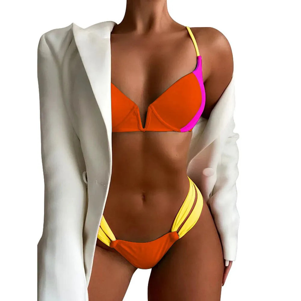 Blue v-neck halter bikini with high-waist backless briefs and stitching ribbon detail