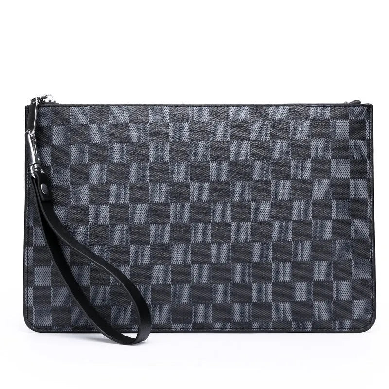 Men's black and brown plaid checkered PU leather clutch wallet open showing card slots and zipper pocket