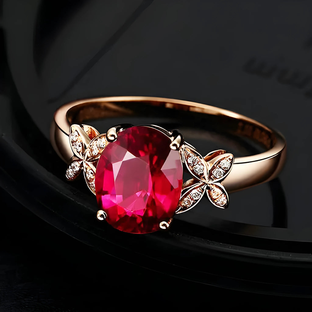Women's butterfly and heart-shaped ring in copper with rose gold plating shown in red and blue colour options