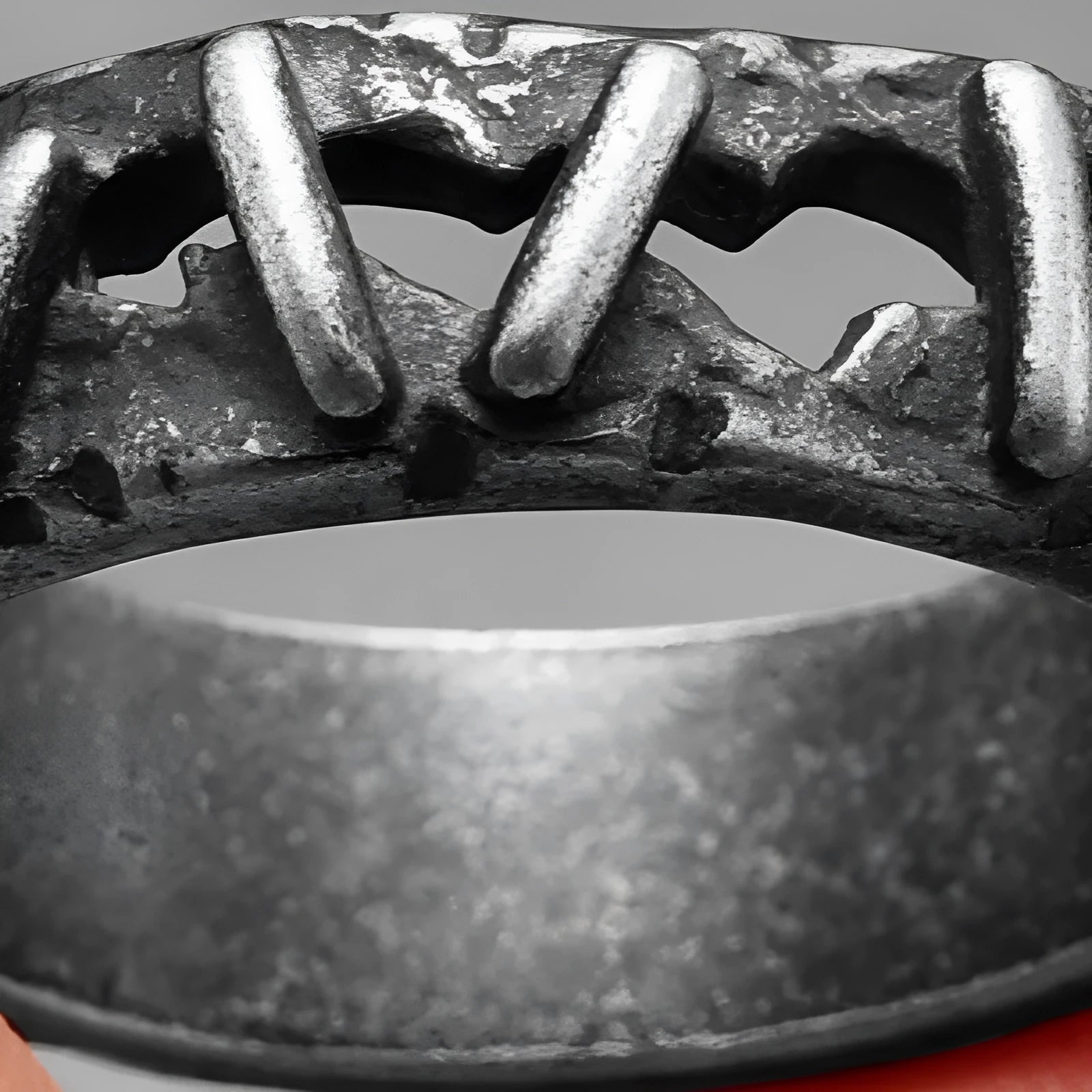Stainless steel double band ring with dark punk stitching details on a size 10 finger.