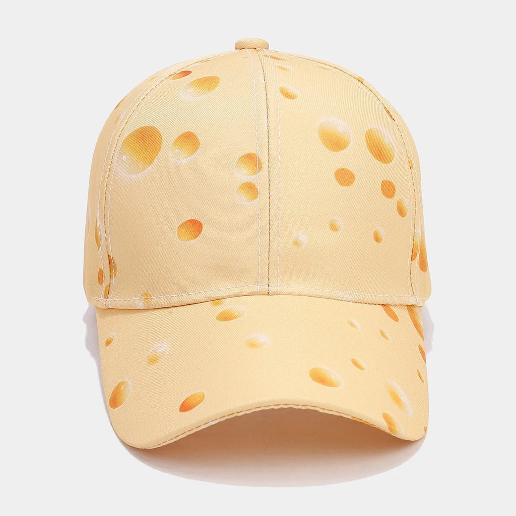 Cheese pattern printed peaked cap with adjustable strap and dome crown