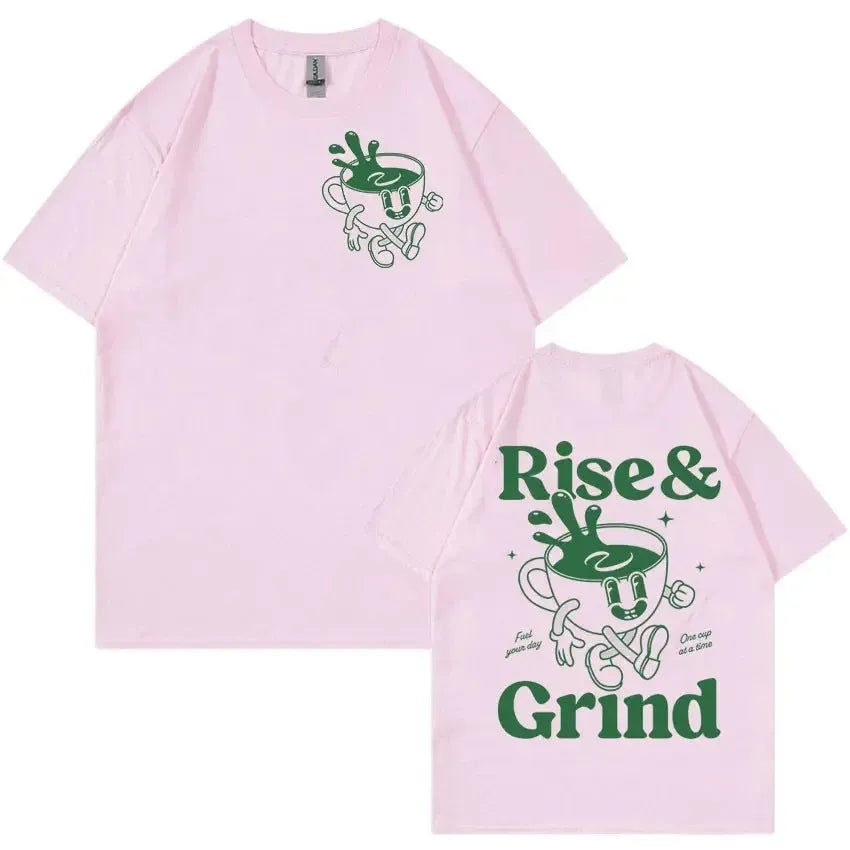 Man's loose-fit cartoon graphic t-shirt in linen blend fabric, showing the 'Rise And Grind Green Coffee' print.