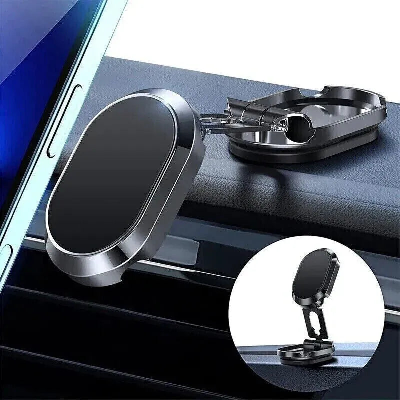 Stainless steel magnetic car phone holder with foldable bracket and 360-degree rotation