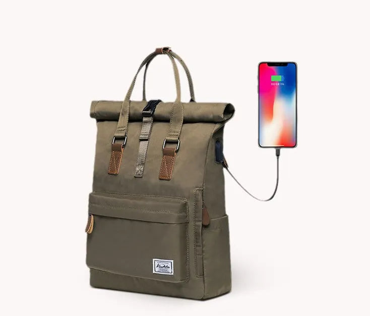 Casual polyester backpack in green colour showing cover opening flap and straps.