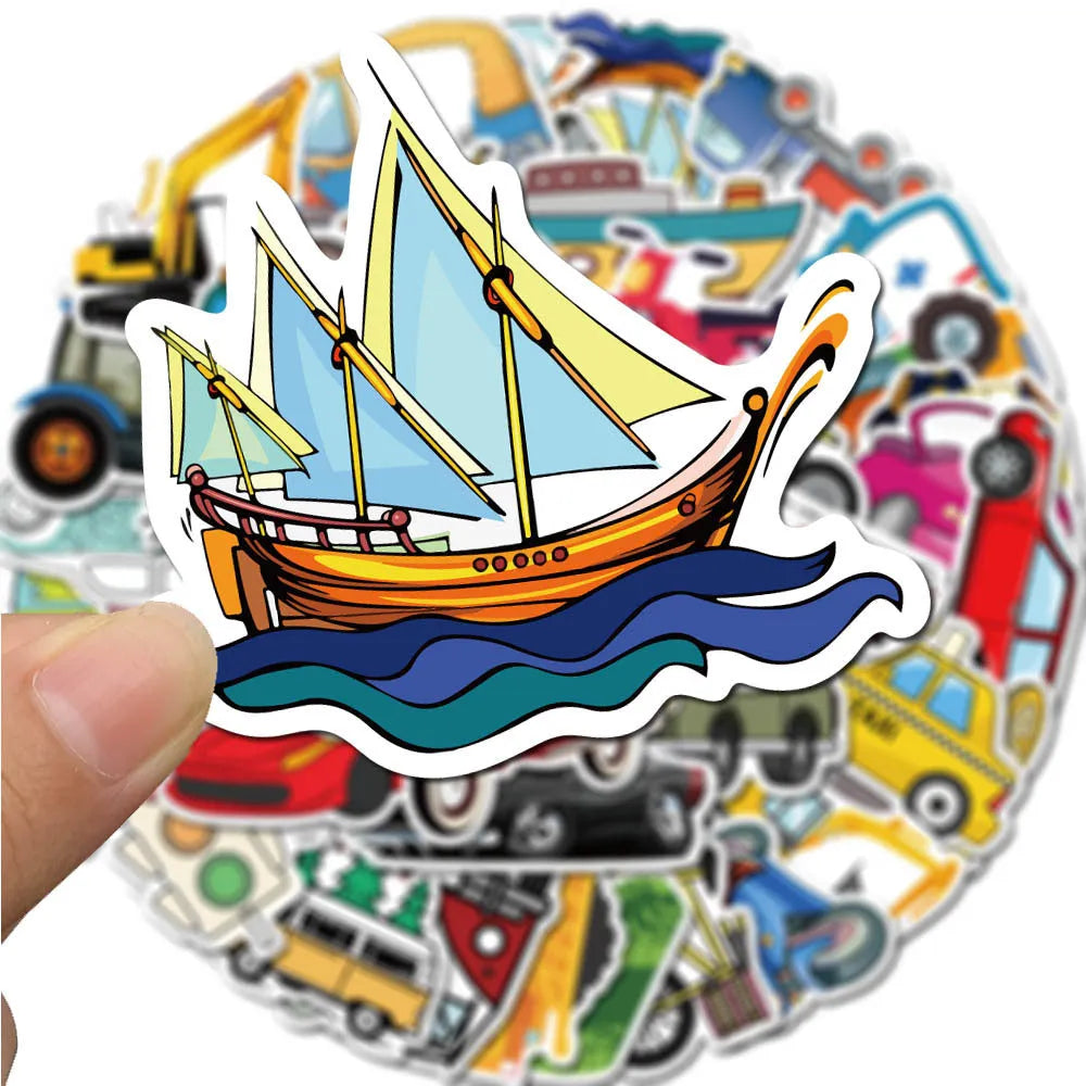 Set of cartoon vehicle graffiti stickers including an excavator, size 4-6cm, waterproof adhesive
