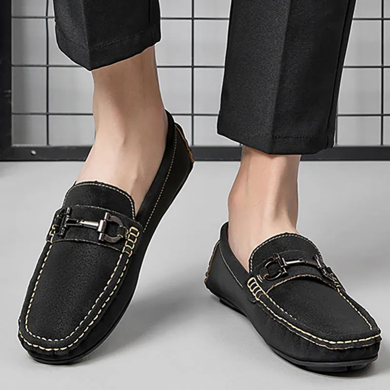 Men's casual leather slip-on loafers in beige with round toe and rubber sole