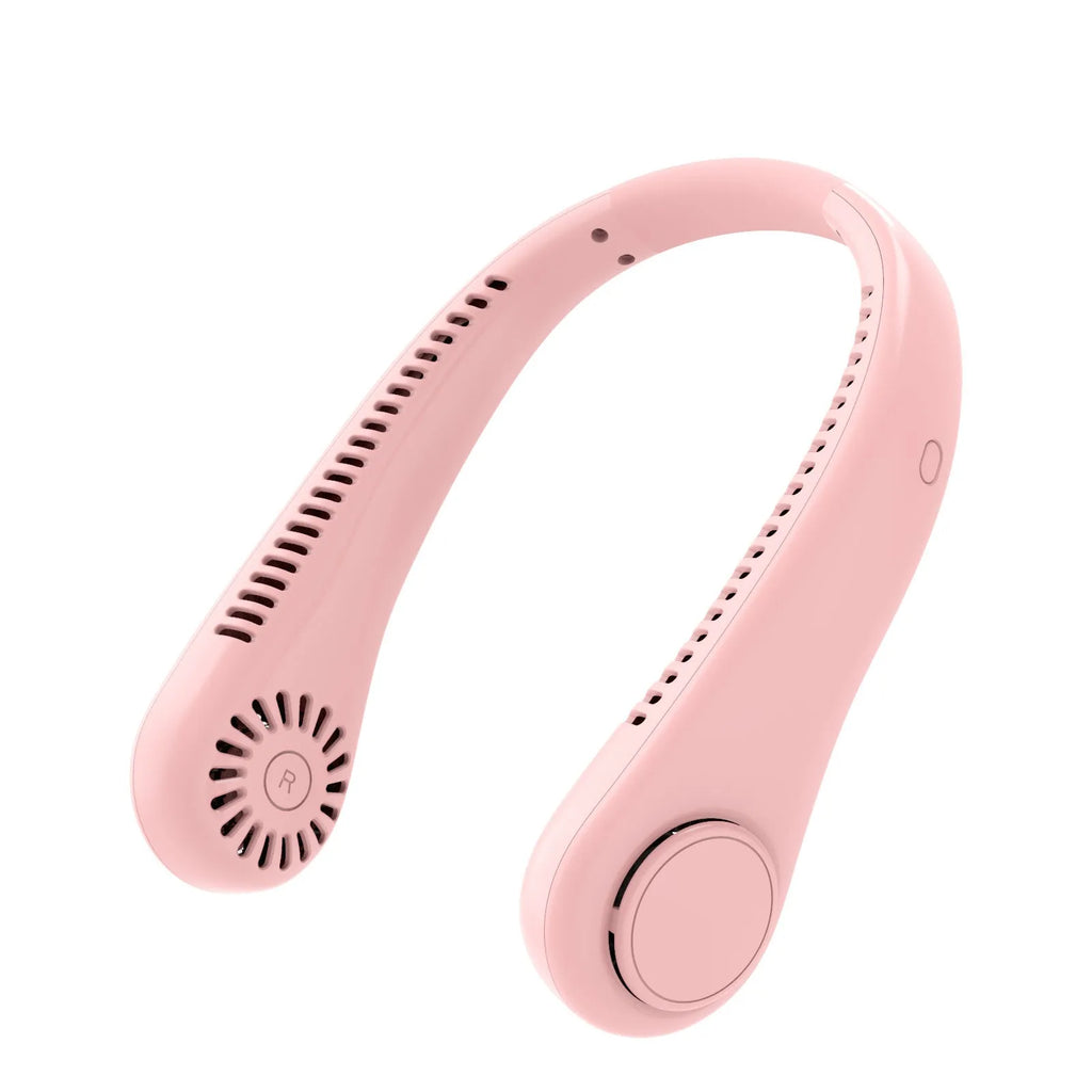 White bladeless neck fan hanging around neck showing hands-free portable cooling design