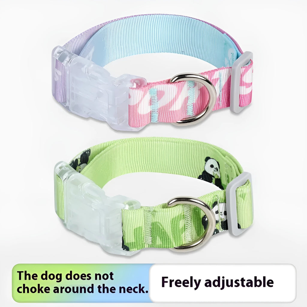 Adjustable nylon dog collar showing cartoon gradient print, displayed next to a solid panda green version.