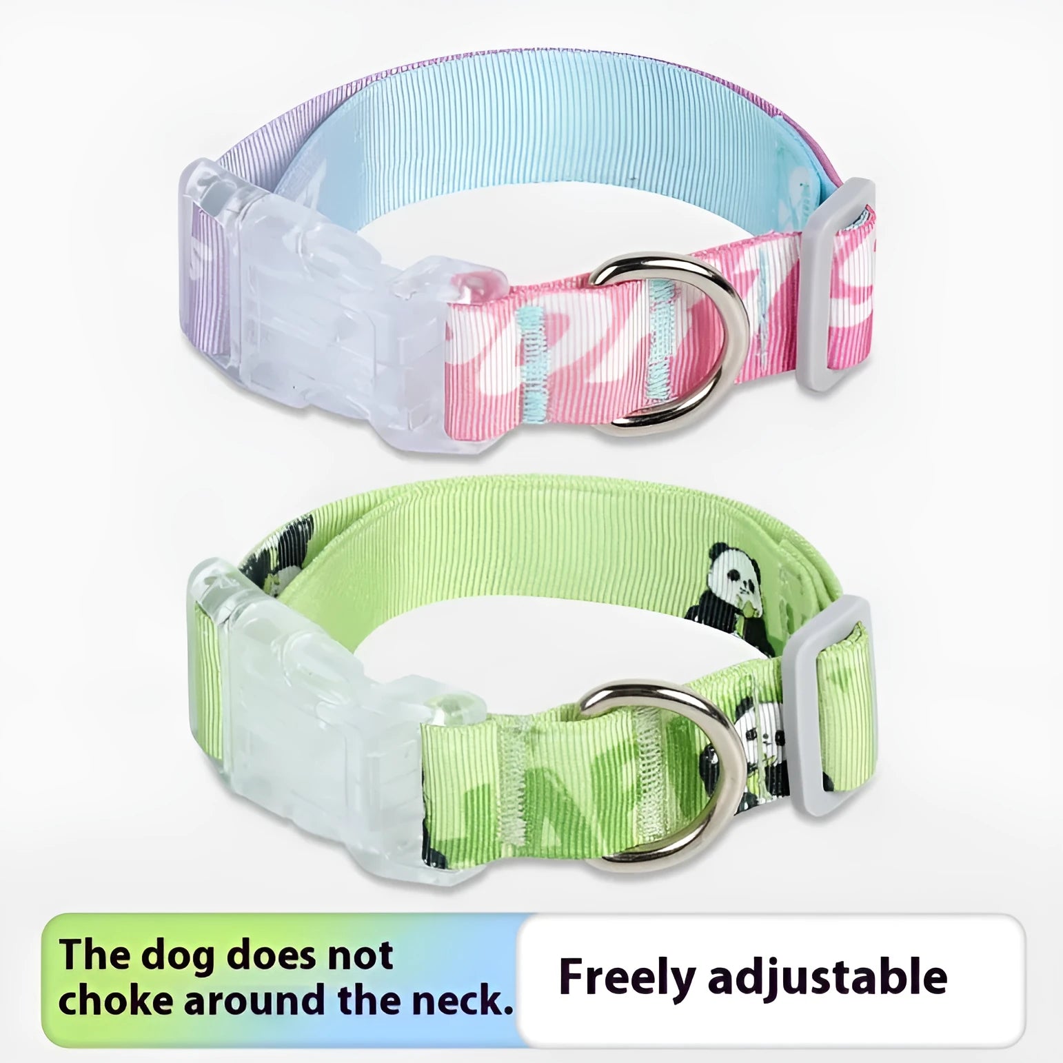 Adjustable nylon dog collar showing cartoon gradient print, displayed next to a solid panda green version.
