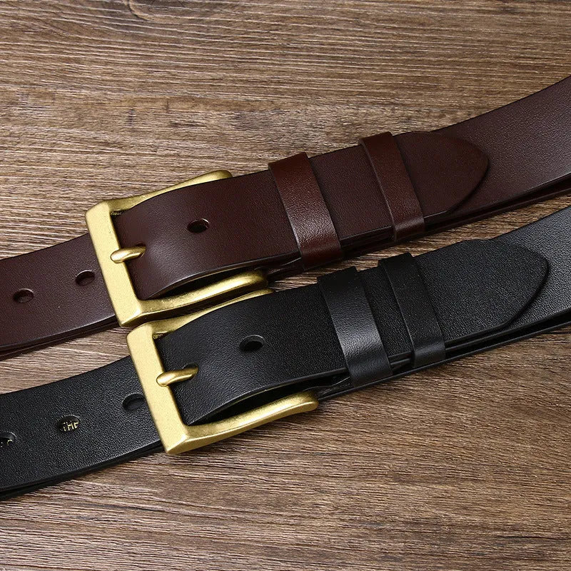 Men's genuine leather pin buckle belt in brown with copper buckle on white background