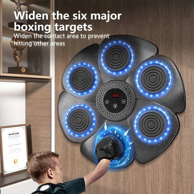 Black smart boxing wall target with LED lights, Bluetooth, and included half-finger gloves