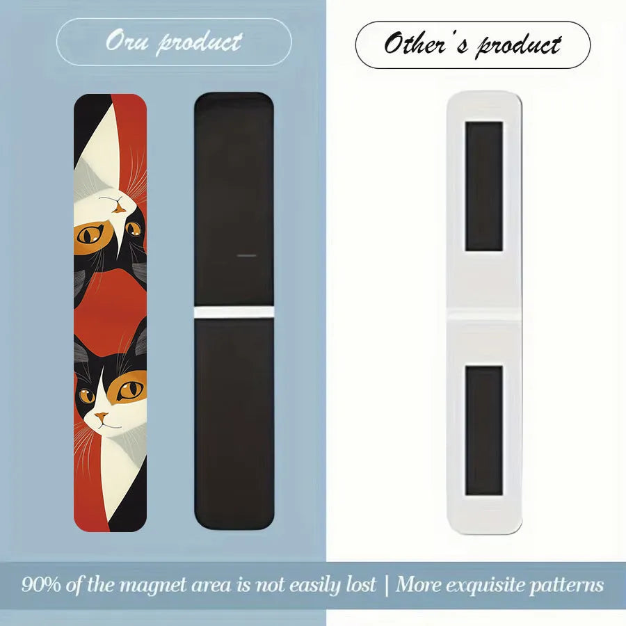 Set of five magnetic bookmarks with cute cat designs in assorted colours, displayed on a book page