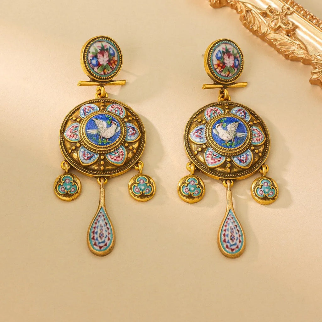Vintage court style rattle drum ear studs with peace dove design for women