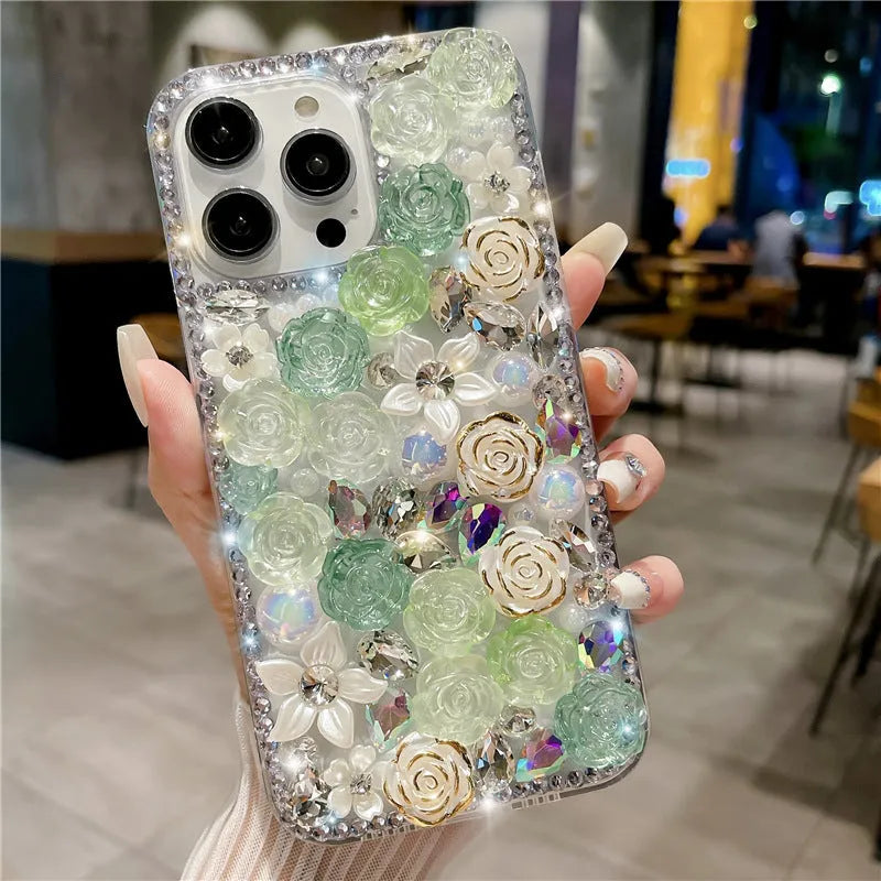 Handmade full diamond rose flower TPU phone case for iPhone 15 Pro Max in red rose colour
