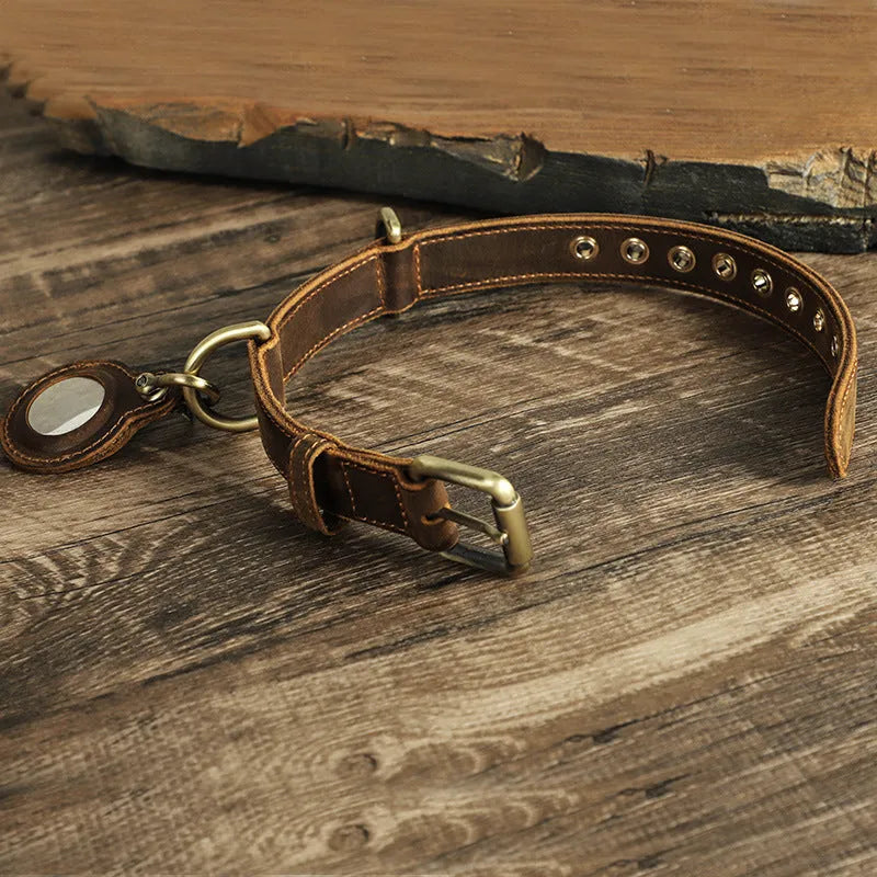 Brown handmade double-sided cowhide dog collar showing halter positioning and tracking features