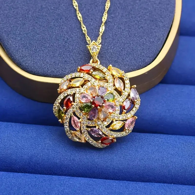 Spiral flower pendant necklace with colour zircon, real gold plating, and copper base