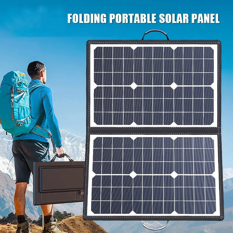 Black folding bag containing a 40W single crystal solar panel, shown folded to 425x285x8mm size.