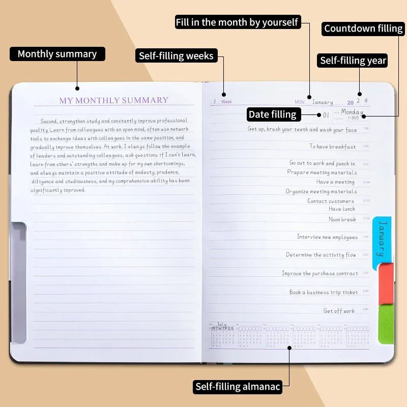 No-date notebook with PU cover and elastic strap in a choice of colours, lying open on a table.