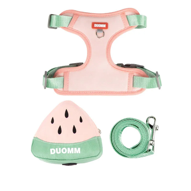 Green pet backpack and chest strap set with traction rope for dogs or cats