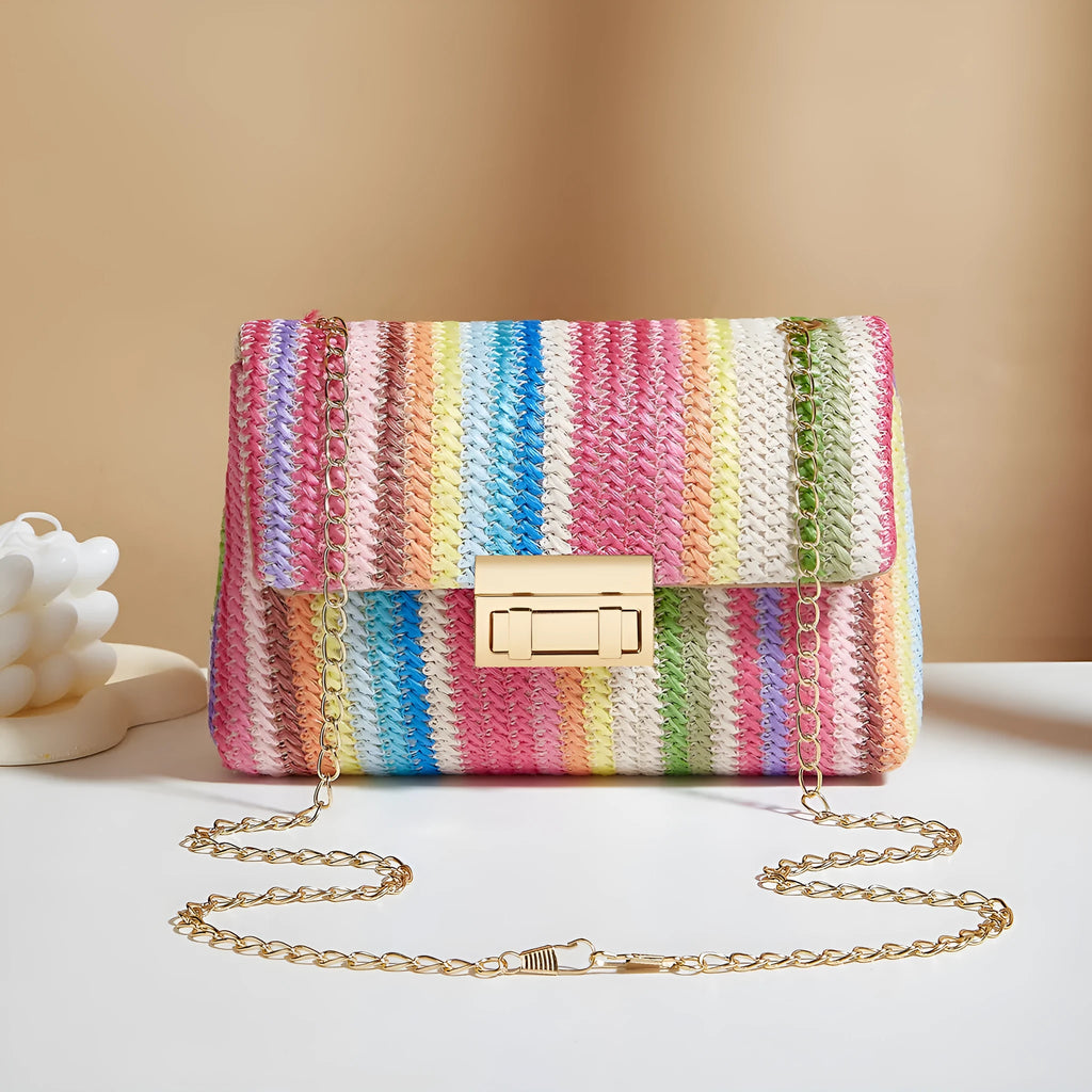 Women's small square straw cross-body bag with internal phone compartment in rainbow colour