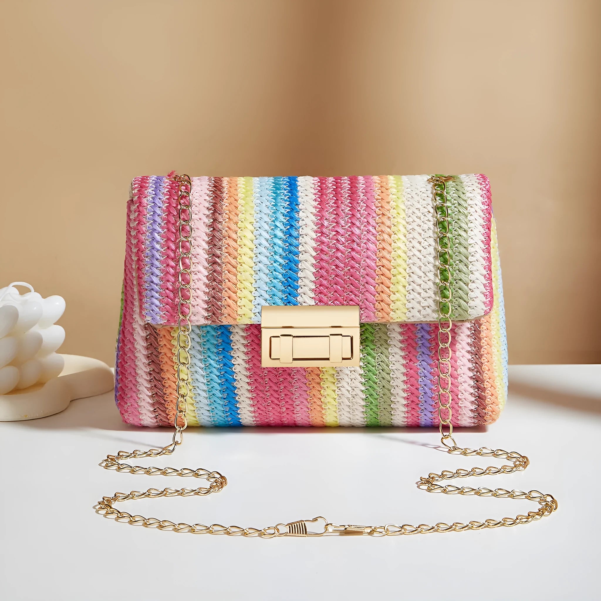 Women's small square straw cross-body bag with internal phone compartment in rainbow colour