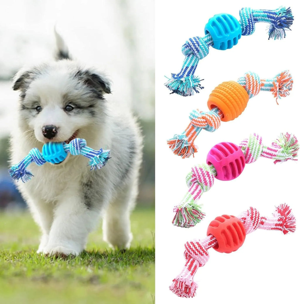 Blue soft dog chew toy with white ropes for cleaning teeth