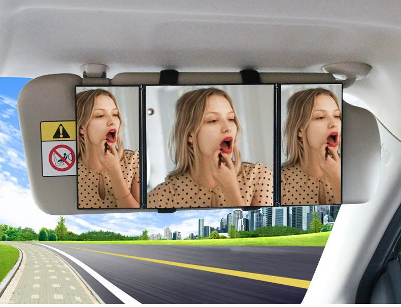 Silver car folding makeup mirror showing closed and open positions