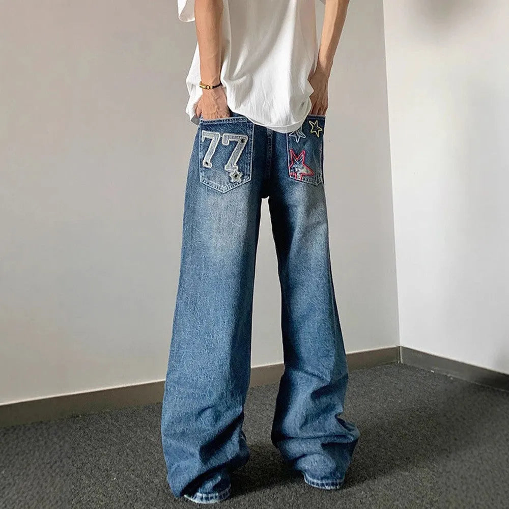 Designer embroidered high-waisted retro loose slimming trousers in blue cotton blend for teenagers