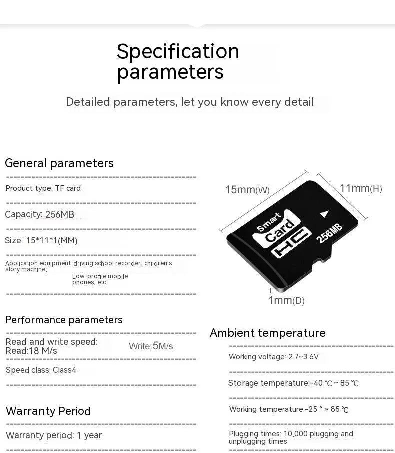 256MB TF series microSD memory card shown with dimensions of 11mm by 15mm.