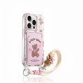 Pink graffiti bear plastic phone case with card holder and lanyard for iPhone 12 to 16 series