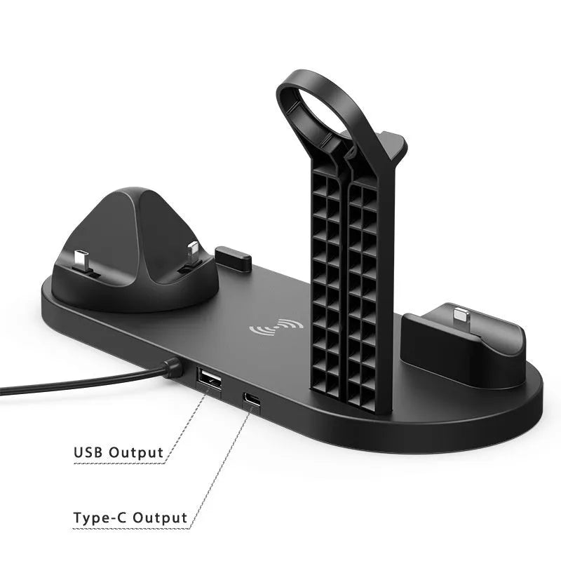 Black wireless charging stand holding a mobile phone and a smartwatch on a desk.