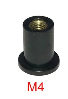 Black motorcycle well nut fasteners with brass threads in M4, M5, and M6 sizes for panel mounting.