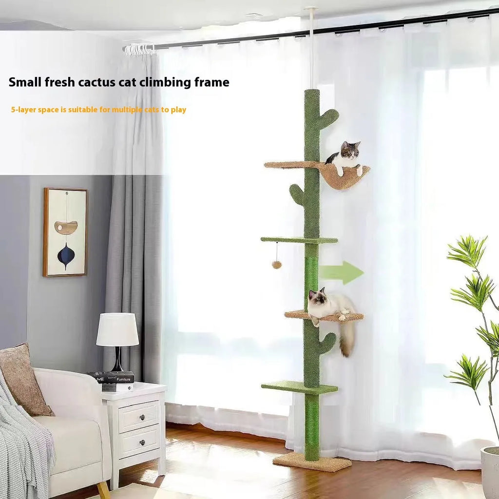 Tall solid wood cat tree with integrated scratch board, cat nest, and toy for large cats.